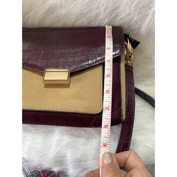 Parfois Womens Faux Croc Leather Crossbody Bag Burgundy & Tan Colorblock With Ad - Picture 9 of 9